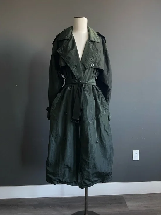 Olive Green Trench Coat Belted Lightweight Minimalist The Row Style Chic Paris - Picture 1 of 8